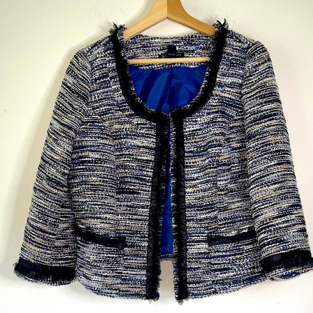 INC Jacket Blazer Black White Blue Sparkle with Black Fringe Size